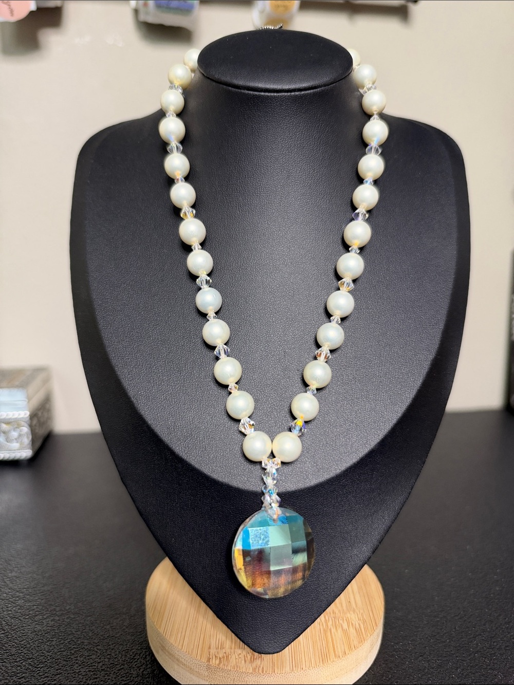 Glass Handcrafted Faux Pearl Bead Necklace Iridescent Crystal Pendant - White